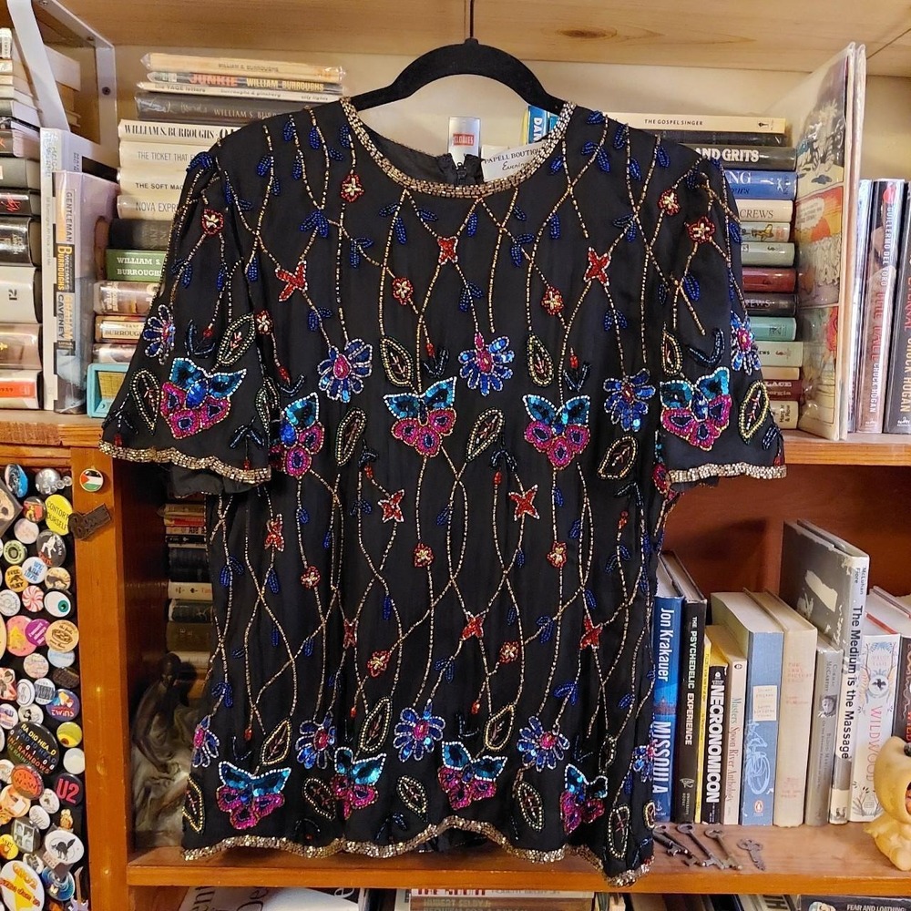 Vintage Papell Boutique Silk Beaded Butterfly Flower Top Black 80s Medium